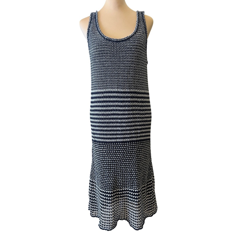 J. Crew Midi Dress Sz L Navy Blue White Linen Knit Striped‎ Coastal Beach Preppy